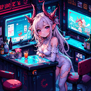 pixel art,1girl,solo,chibi Albino Demon girl,
She wears a beautiful white lace bodysuit, goat horns,
cyberpunk bar setting, isometric view, limited color palette, 16-bit era aesthetic, futuristic bar interior, bar table, glasses and alcohol, holographic monitor, neon lighting, old vs new elements, retro-futuristic atmosphere, detailed pixel shading, miniature scene atmosphere, soft vignette edges, cyberpunk color scheme with pastel accents, intricate pixel pattern on dress, glowing technology effect, pixelated lens flare, low-res charm, nostalgic game style, small animation details,lyh,anime,Pixel Art,ZanyEyesStyle