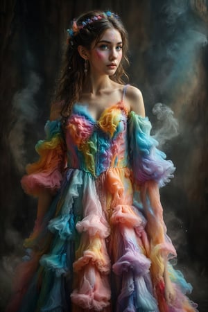 1girl,beautiful Nordic elf,(elf ear), a dress made of seven-colored cotton candy. The gown features layers of fluffy, vibrant hues, blending seamlessly from one color to the next: pink, blue, green, yellow, purple, orange, and red. The bodice is form-fitting, adorned with delicate sugar crystals that sparkle in the light. The skirt is voluminous and airy, resembling clouds of cotton candy, creating a whimsical and enchanting look ,Color Splash,colorful,Nina Aslato