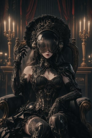 Gothic Lolita-styled space suit, seated in ornate chair. Opulent Victorian room with gothic motifs. Space suit redesigned with frilly black lace, bows, and corset-like details. Helmet shaped like oversized bonnet, adorned with roses. Through slightly tinted visor, faint glimpse of young woman's face with gothic makeup: pale skin, dark lips, dramatic eye shadow. Suit's chestplate resembles bodice, decorated with intricate patterns. Voluminous skirt over leg portion of suit. Gloves feature delicate lace cuffs. Room has dark velvet wallpaper, candelabras, and skull motifs. Antique furniture, heavy curtains. Moody lighting emphasizes suit's metallic and fabric textures. Surreal blend of sci-fi and gothic lolita aesthetics. Atmospheric, slightly eerie ambiance.,Gothic Themez,hanxhelm