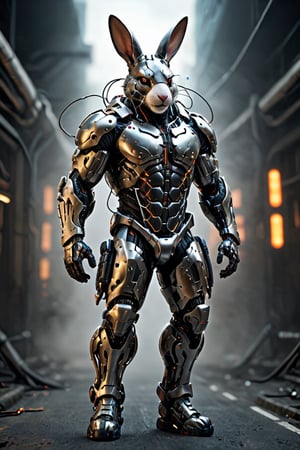 "Imagine a rabbit clad in a formidable combat exoskeleton suit, exuding an aura of strength and power. Despite its fluffy exterior, the suit adds a sense of bulk and weight to its form, emphasizing its formidable presence. With glowing visors and reinforced armor plating, the rabbit exudes an air of readiness for battle, ready to face any challenge with determination and resolve.",Animal Verse Ultrarealistic ,circuitboard