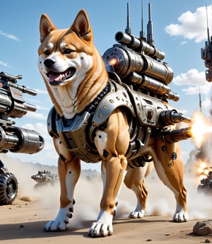 Extreme detailed, ultra Realistic, futuristic, A Shiba Inu with a high-tech Gatling gun on its back,large MISSILE pod,1Dog, large Gatling gun, fire, high-tech cybernetics Dog, four legs, ULTRA Real, Realistic dog, military, monster, ,mecha