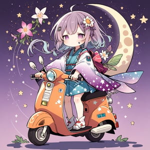 (chibi),fairy tale illustrations,Perfect sky, moon and shooting stars,moon on face, pagan style graffiti art, Kimono girl riding a scooter, hippy van, veichle focus, motor vehicle, Flower,(☆ // purple gradient background),)Star mark hanging on a string:1.2),
 BREAK
 top quality, sharp detail, oversaturated, detailed and complex, original work, trendy, vintage, award winning, artint,artint,starry sky,Anime girl,astronaut_flowers,seseeeh