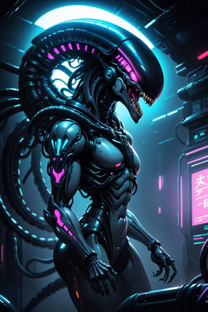A cyberpunk-inspired Xenomorph, The iconic extraterrestrial creature from the Alien franchise takes on a futuristic, cyberpunk twist. Biomechanical enhancements and glowing cybernetic elements merge seamlessly with its iconic exoskeleton. Neon lights illuminate the creature's sleek, cyberpunk aesthetic, and intricate circuit-like patterns replace some of its biomechanical features. This fusion of the alien horror and cyberpunk style results in a visually striking and menacing Xenomorph, perfectly at home in a dystopian, high-tech future.
,Stylish,japanese art,Ukiyo-e,colorful,alienzkin,ROBOT