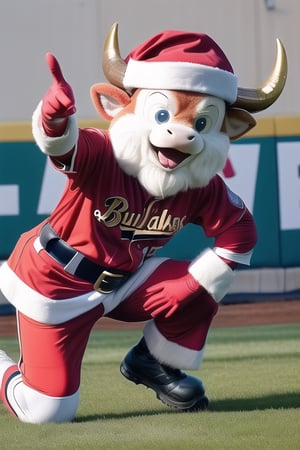 Extreme Quality photo,ultra Realistic,
create animal cow-Head Minotaur,(red and White far western hat),buffalo_bull,
buffalo_bull, solo, male focus, 1boy, mascot, gloves, horns, baseball cap, blue eyes, baseball uniform, clothes writing, furry male, full body, open mouth, pointing, belt,sexysanta.Santa Claus,Santa Claus,