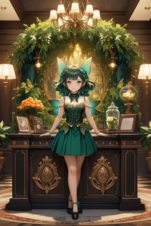 (mythical forest grand hotel reception), fantasy themed decorations, color palette and design, with its grandeur the Little fairy receptionist behind its desk, wait calmy to give its viewer a warm welcome,(ultra detailed face, ultra detailed eyes, ultra detailed mouth, ultra detailed body, ultra detailed hands, detailed clothes), (immersive background + detailed scenery), symmetrical intricate details  symmetrical sharpen details,Deformed,niji6