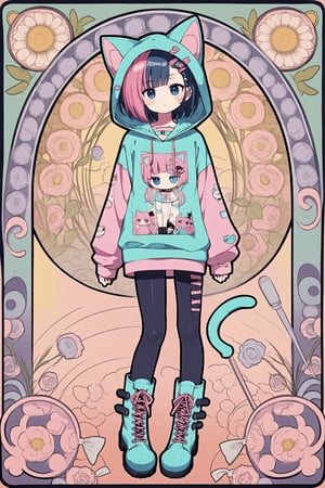 ,vtuber,1girl,
cute anime characters,Beautiful blue eyes,asymmetric bangs,candy punk Fashion,Hooded hoodie shaped like a cute kitten,cat ear hood,Pastel colored clothes based on blue and pink,Pastel Emo Fashion, Anime Print Shirt,Gothic Style tights, long military boots,,dal-6 style, art nouveau,EMO-Art Nouveau punk
