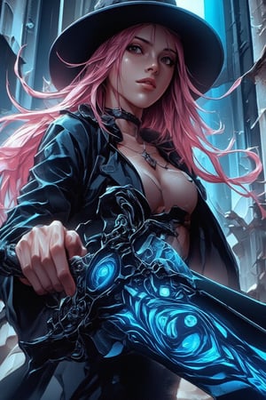 Cool anime character design,Beautiful Caucasian woman with sharp, piercing eyes and dark eyeshadow. Long, light pink hair flowing from under a stylish cowboy hat. Wearing a sleek black trench coat that billows dramatically. Holding an enormous magical sword with both hands. The sword has a dark blade etched with glowing blue runic symbols. Large, ominous eye embedded in the sword's guard, pulsing with arcane energy. Dynamic pose, ready for battle. Intricate details, high contrast lighting, Anime art style with a touch of realism. 4K resolution, digital painting.",niji6,niji5,Marvel comic style 