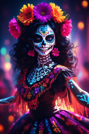 Young beautiful woman, with vibrant glowing Catrina makeup,Radiant smile, inviting to dance. Neon colors in intricate skull design. Flowing dark hair with flowers. Traditional Mexican-inspired dress. Outstretched hand, dynamic pose. Blurred festive background. Dramatic lighting emphasizing glowing makeup. High-contrast, vivid colors. Photorealistic style with fantasy touch.",sagawa,Details