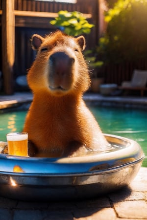 cute capybara with beer, cinematic, hyper realism, high detail, octane render, 4k ,capybara, hot spring, realistic,