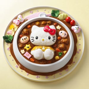 (From Above), Japanese Curry Rice,charming Sanrio-inspired character, carefully crafted from colorful ingredients,Hello Kitty, My Melody, 
(Masterpiece, Best Quality, 8k:1.2), (Ultra-Detailed, Highres, Extremely Detailed, Absurdres, Incredibly Absurdres, Huge Filesize:1.1), (Photorealistic:1.3), By Dr.Maehara, Portrait, Ultra-Realistic Illustration, Digital Painting. ,fat,kawaiitech,