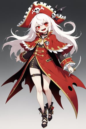  g hikorou style,
1Girl,Comical anime,evil female commander, pirate captain motif,Bright red suit, flowing cape,very Long spike white hair, spiky bangs. Sharp eyes, mischievous grin with pointy teeth. Oversized pirate hat, eyepatch with skull design. Golden hook hand, ornate peg leg. Parrot sidekick on shoulder. Exaggerated hourglass figure, dynamic pose. Surrounded by cartoony effects. Cel-shaded style, bold outlines. Vibrant colors. 8K resolution, focus on facial features and outfit. Blend of villainy and comedic charm in anime aesthetics,
devilot_de_deathsatan