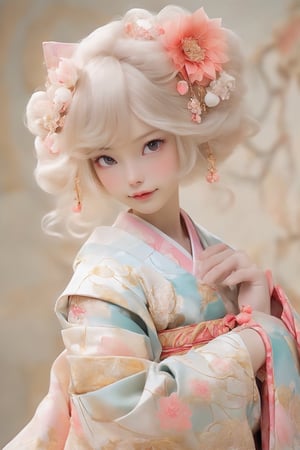 beauty albino fox girl, is adorned in a stunning fusion of Rococo and traditional Japanese fashion,Her kimono is intricately designed with elaborate Rococo patterns, featuring pastel hues and delicate floral motifs. The silhouette of the kimono is accentuated with layers of voluminous fabric, creating a regal and graceful appearance. Completing her ensemble, she wears accessories such as a decorative obi belt and elegant hair ornaments, all adorned with intricate Rococo details,ichika