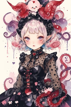 maximum Kitsch and chaos Illust,
1goth girl,psychedelic bondage fashion,sickness,
ultra cute Harajuku Style grunge fashion,colorful fairy Lolita themes, albino Demon girl,(Extreme long Tentacles hair),luxury mesh fishnet blouse,bondage corset,corset piercing,Gigantic Breast,
emo,watercolor \(medium\),score_9,t