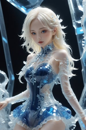 1Girl,anime style,dressed in a cyberpunk-inspired sexy Rococo dress,allowing for lifelike poses,perfect Body figure,large Breasts, Her dress merges the ornate elegance of Rococo with futuristic cyber elements. The fabric is a mix of rich silks and metallic materials, adorned with elaborate lace and digital patterns that glow subtly. The bodice is detailed with delicate ruffles and cybernetic embellishments, while the skirt flares out in layers, combining traditional Rococo volume with sleek, figurine,MasterF,Ice Dress