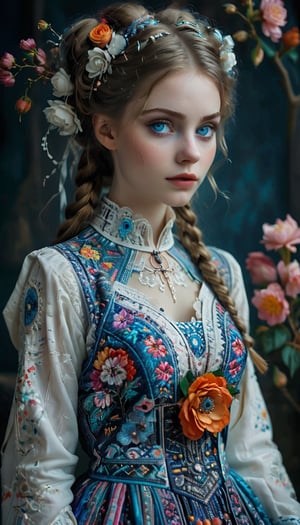 (Nordic beautiful girl:1.2),(Pure white long Pigtail),
Picture a mesmerizing fusion where the rich heritage of Hmong ethnic attire, intertwines with the enchanting world of Cyber Lolita fashion garment, a visual symphony,Design of computer circuit boards,
 showcases vibrant cross-stitch patterns reminiscent of Hmong craftsmanship, meticulously stitched in an array of colors, dress flows gracefully, embracing the whimsical elegance of Lolita fashion with lace, cultural richness and sartorial fantasy,Flower queen,colorful,Realistic Blue Eyes