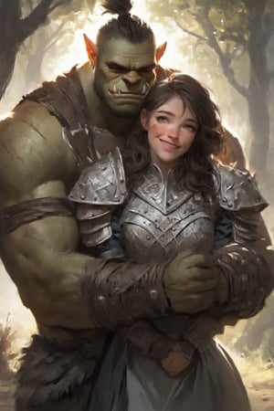 Contrasting scene Fierce orc warrior and gentle human Little girl,
 Orc: muscular build,((scarred face)), tusks, battle-worn armor, Menacing appearance but neutral expression.,
Girl: young innocent-looking Little girl,nordic, wearing simple dress. Smiling kindly at orc, arms wrapped around him in embrace. Orc's posture stiff, uncertain. Background suggests post-battle setting, muted colors. Soft lighting on girl, harsh on orc. Emphasis on size difference and contrasting