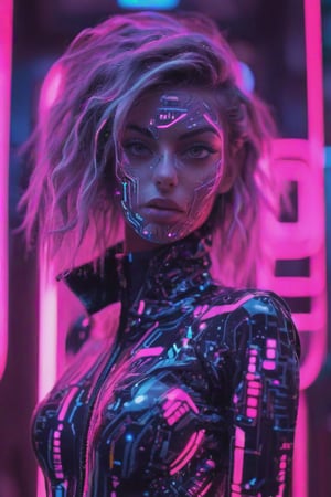  girl, Detailed body painting beautiful neon operator tanned woman, cyberpunk futuristic neon, reflective puffy coat, decorated with traditional japanese ornaments, perfect face, fine details,neon,circuitboard