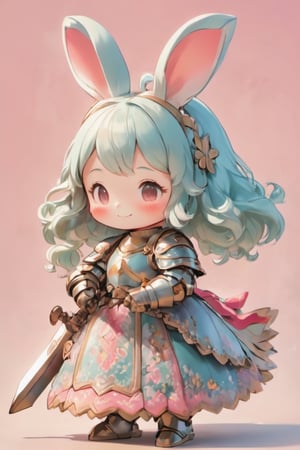 3D Figure,cute little brave  bunny,bunny ear,(rabbit nose:1.4),blush stickers,((Smile with peace of mind)),sparkling cute eyes,pink loli armored dress, weapon holding,Beautiful embroidered dress,kawaii knight,close up,3d figure,chibi