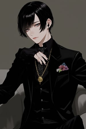 Solo,Realistic photo,nasty man, aesthetic French gentleman, emo aristocratic style, short hair,eye shadow,emo Gothic makeup, chic black business suit with polka dot tie, 
black manicure finger,(luxury golden lapel pin chain), Flower handkerchief in chest pocket, Slender man with long legs and tall stature,Handsome boy,lyh