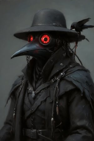 male cyborg plague doctor,with a raven-themed design. The beaked mask is sleek, black metal with red, glowing digital eyes. The cloak is a high-tech fabric resembling feathers with an oil-slick sheen. Cybernetic hands have black, talon-like fingers. Mechanical wings, sleek and feathered, fold on his back or spread wide for gliding. Tubes and wires run from the mask and chest plate, pulsing with energy. This blend of haunting plague doctor and elegant raven is wrapped in cutting-edge cybernetic technology.,Cyborg_Life,hubggirl,madgod,zavy-cbrpnk,stop motion,oil painting