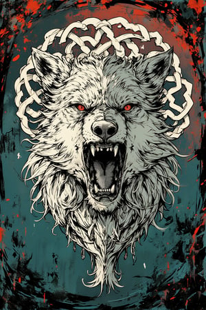 A detailed illustration of a snarling wolf head with its mouth wide open, showing sharp teeth. The wolf's fur is rendered in intricate black and white pen strokes. Behind the wolf's head is an elaborate Celtic knot design in white, intertwining in complex patterns. The background is a textured blend of deep teal blue at the bottom, transitioning to rusty reds and oranges at the top, giving an aged, weathered look. IThe image has a grungy, vintage feel with high contrast between the detailed line work and the muted, textured background. Hyper-realistic details, 8K resolution, dark fantasy ,dal,flat colors,complex detail lineart