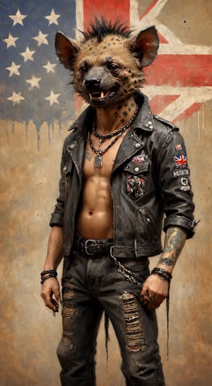 (grunge texturet),Perfect POP art,punk rock street art,
((solo)),wild Male hyena,hyena head man,
 sporting Gothic punk fashion, Piercings adorn its ears, and a studded collar embraces its neck,
Septum Piercing, more Coal, Ratty dreads, More patchs, Crust core, anti union flag design, dirty torn studded Spikes leather jacket, hardcore Punk Style jacket, lot Punk badge,military boots,
The hyena's fur showcases a mix of dark, edgy patterns, while a shredded, asymmetrical punk-style jacket adds a rebellious touch. Stylized spikes along its spine create a fierce silhouette, and smudged black eyeliner accentuates its untamed gaze. This hybrid of Gothic and punk elements transforms the hyena into a unique and striking symbol of alternative fashion and wild individuality,Movie Poster,artint,oil painting,hmnzct,GothEmoGirl