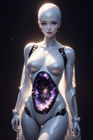 A A mesmerizing female cyborg sculpted from lustrous white porcelain, posed gracefully against a dark background. Her sleek body resembles fine bone china, with subtle joint lines hinting at her mechanical nature. The cyborg's face is a perfect mirror surface, mysterious and otherworldly, reflecting and distorting light.

The centerpiece is her abdomen: a large, natural amethyst geode carefully integrated into her porcelain form. This geode cavity showcases a breathtaking display of deep purple amethyst crystals. The crystals range from dark, intense purple at the center to lighter, more translucent shades near the edges. The crystalline structure creates a mesmerizing depth effect, with countless facets catching and refracting light,SFW

Delicate, circuit-like patterns etched into her white porcelain limbs occasionally illuminate with a soft purple glow, echoing the amethyst's color. Her hands and feet feature visible ball joints, merging artificial design with natural crystal aesthetics.

Dramatic lighting emphasizes the porcelain's sheen and the captivating sparkle of the amethyst crystals within the geode.

Photorealistic render, high detail, dramatic lighting, blend of futuristic and natural elements..,Fantasy Regal Artgem,PorcelainDollPrincess,1girl,#fractal,Crystal,\mechako\