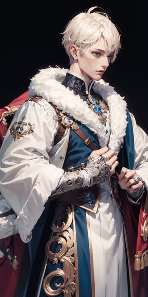 Extreme detailed,Realistic,solo,
official art, extremely detailed, Extreme Realistic,  Nordic beautiful teen boy,beautifully detailed eyes, detailed fine nose, detailed fingers,muscle body, wearing extremely detailed luxury male Prince Albert coat, high quality, beautiful high Detailed white short hair,