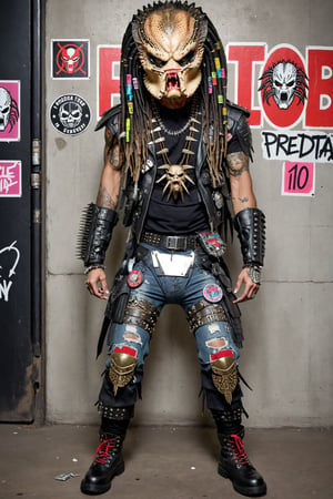  Predator alien,Yautja, Hish, P adopts an aggressive stance, decked out in hardcore punk and crust core fashion. Its dreadlocks are partially dyed in vibrant neon colors. The alien wears a torn, patch-covered black leather jacket adorned with metal spikes and anarchist symbols. Underneath is a grungy band t-shirt, ripped to expose its muscular chest. Tight, shredded jeans covered in safety pins and patches are held up by a studded belt. Combat boots with steel toes complete the look. The Predator's mandibles are pierced with multiple rings. Its mask is customized with punk-style graffiti and stickers. A spiked collar adorns its neck. ,Predator1024,TechStreetwear