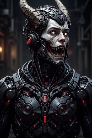 Bust-up portrait of Caucasian male cyborg,look at the viewer,
vampire,Predominantly black cybernetic body with visible mechanical parts, wires, and glowing tech elements. Pale, ashen face with vampiric features. Completely white eyes, no iris or pupils. Demonic goat-like horns protruding from forehead, curving backwards. Crown of barbed wire wrapped tightly around head, digging into skin. Long, sharp fangs visible. Neck area shows transition between synthetic skin and mechanical components. Harsh, dramatic lighting emphasizing contrast between pale face and dark body. Sinister, otherworldly expression. Hyperdetailed textures: cold metal, synthetic skin, rough horn surface. Background dark and atmospheric, suggesting gothic or sci-fi setting. Blend of vampire lore, cyberpunk aesthetics, and demonic imagery..,LinzExoboneRobot,FANGS