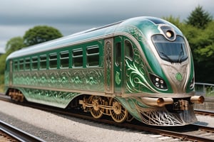 An elven-crafted locomotive, predominantly constructed with transparent glass, adorned with intricate Celtic designs. The sleek, ethereal glass engine is embellished with interwoven knotwork patterns, reminiscent of Celtic artistry. The train cars follow suit, featuring large, transparent windows that allow passengers to enjoy panoramic views,This elven-engineered locomotive seamlessly blends the elegance of elven craftsmanship with the mesmerizing beauty of Celtic design, creating a unique and enchanting mode of transportation ,DonM3lv3sXL,Clear Glass Skin,Magical Fantasy style