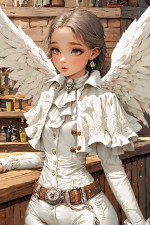 Western saloon,1 Girl,where a little girl dressed in a pure white cowboy costume sits on the counter. Her outfit includes a white cowboy hat, a tailored shirt, fringed jacket, and well-fitted trousers, all in pristine white. Polished boots and a classic belt with a silver buckle complete her look. Adding a touch of ethereal charm, she has pure white wings gracefully extending from her back,AngelStyle,wings,better photography,aesthetic portrait,dal-1,,Eyes
