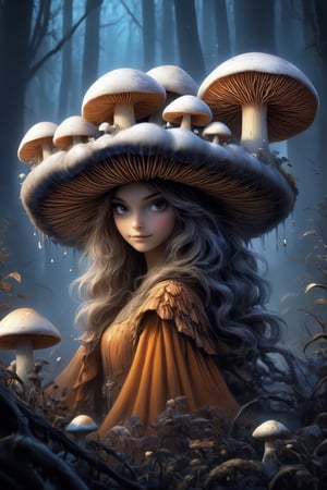 In a whimsical fantasy world, a young girl with a mushroom hat captures the essence of wonder and adventure. With each step, her hat adorned in vibrant colors and playful patterns, she embodies the magic that surrounds her. With curious eyes and boundless imagination, she invites all to join her on a journey through enchanting realms where dreams come to life.,a1sw-InkyCapWitch,SelectiveColorStyle,glow gold ink