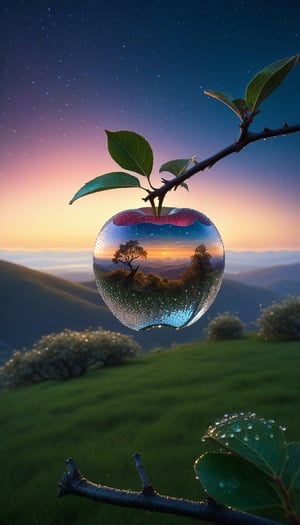 ((a delicate big apple) ), made of diamond hung on branch in a beautiful dawn, in the background beautiful valleys, (Dew drops) , divine iridescent glowing, opalescent textures, volumetric light, ethereal, sparkling, light inside body, bioluminescence, studio photo, highly detailed, sharp focus, photorealism, 8k, best quality, ultra detail:1. 5, hyper detail, hdr, hyper detail, ((universe of stars inside the apple) )