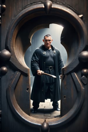 ((Screen through the keyhole)),1man,(Vinnie Jones),(He has a hammer in his hand), black robe, ((depth of field)),backDonMK3yH0l3XL,Hollow