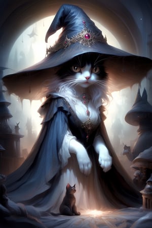 Cat In the mystical realme,
In the realm of feline aristocracy, behold the magnificent Cait Sith, bedecked in regal finery and crowned with a witch's hat. With fur as dark as midnight and eyes that gleam with noble bearing, she exudes an air of majesty and grace.Draped in luxurious garments adorned with intricate patterns and jewels, she commands attention with every step, her presence evoking awe and reverence. Her witch's hat, embellished with mystical symbols, serves as a symbol of her authority and arcane prowess.
,anthro,a1sw-InkyCapWitch,Decora_SWstyle