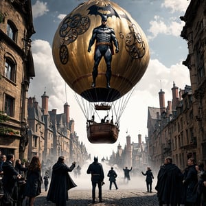 Massive steampunk-style hot air balloon, floating above a Victorian cityscap, The balloon's envelope features a larger-than-life print of Batman, in steampunk attire, His costume incorporates brass gears, leather straps, and a clockwork utility belt. The Bat symbol is reimagined with cogwheels. The balloon's gondola resembles a miniature Batcave with steam-powered gadgets. Brass pipes and valves adorn the balloon's surface. Smoke billows from small chimneys. Curious onlookers point from cobblestone streets below,ek_ani_b00ster