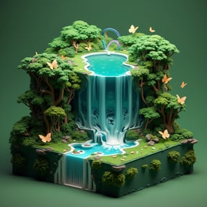 Isometric style, beautiful magical forest diorama,. Multilayer 3D cube structure with a width of 30cm,
A huge amount of water falls from a gigantic and beautiful mysterious waterfall, a beautiful rainbow appears around the waterfall, and miniature golden butterflies decorate the surrounding area.
Overall greenish color scheme. Highly detailed, 8K resolution, tilt-shift effects. Photorealistic miniature art style.,noc-isometric,EdwardH0pp3r