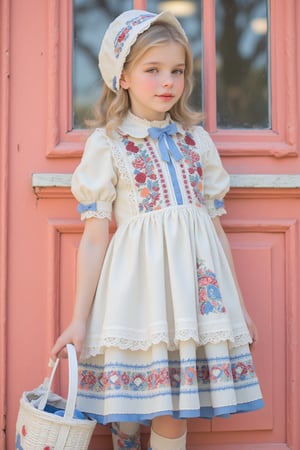 Sweet Lolita coordinate with Nordic/folk art influence. Young girl wearing cream and blue Lolita dress with detailed folk embroidery patterns. Dress features puff sleeves, lace-trimmed bodice, and full circle skirt with decorative apron panel. Intricate details include:

Main dress elements:
- Cream base color with blue ribbon and bow accents
- Embroidered folk art flowers and patterns in burgundy
- White lace trim on hemline, sleeves, and apron
- Puff sleeves with elastic gathering
- Full circle skirt with petticoat underneath
- Decorative apron panel with heart and floral motifs
- Matching bonnet with lace trim and ribbons

Accessories:
- Matching basket bag with ribbon and floral decorations
- Over-knee stockings with folk pattern print in blue
- blue and cream Mary Jane shoes with bow details
- Silver-blonde wavy hair styled with slight curls
- Natural makeup with rosy lips and cheeks

Background:
- Standing against coral pink wooden door
- White painted door frame
- Rustic Nordic aesthetic

Professional Lolita fashion photography with soft natural lighting enhancing the vintage, storybook quality. High detail on fabric textures, embroidery, and lace elements. Nordic/folk art influence visible in pattern choices and color scheme.,ct-vlaoba,aidmafemalecosplay