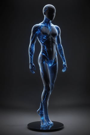 Transparent, faceless glass mannequin, human form with smooth, featureless surface. Entire glass body filled with swirling, electric blue plasma, lightning bolts crackling within. Ethereal glow emanating from figure, illuminating surroundings. Standing in dark, minimalist space. Intricate light refractions and reflections on glass surface. Hyper-realistic rendering of glass and electrical phenomena. Seamless blend of solid form and fluid energy. Surreal, sci-fi aesthetic. Dramatic lighting highlighting internal plasma storm