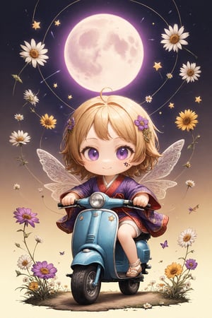 Precise line art, realistic and elaborate pencil drawings, (chibi),fairy tale illustrations,Perfect sky, moon and shooting stars,moon on face, pagan style graffiti art, Kimono girl riding a scooter, hippy van, veichle focus, motor vehicle, Flower,(☆ // purple gradient background),)Star mark hanging on a string:1.2),drawn in the style of a medieval painting,dal-1,lineart,LineAniAF