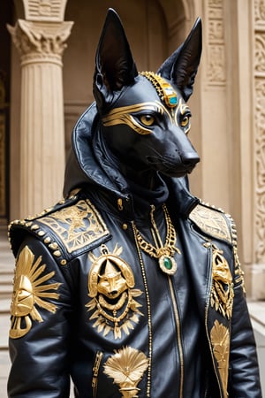 80s UK Street,Black Anubis,
Anubis, the jackal-headed god of Egyptian mythology, is represented in baroque-punk crust-core fashion,intricately embroidered leather jackets, dingy, torn garments, rebellious attitudinous punk rock fashion and ornate jewels adorned, highlighting his hallowed status.,Animal Verse Ultrarealistic 