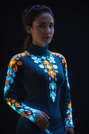 Beautiful woman,wearing a beautifully knitted sweater ((adorned with strong LED lights:1.2)), light, Crafted from soft yarn, the sweater provides warmth and comfort, while intricate patterns woven with LED lights illuminate its surface, emitting a colorful glow that dances with the woman's movements. Surrounded by this radiant glow, she appears as a magical presence shining amidst the natural world, captivating those around her with a combination of refined beauty and technological marvel.,bl4ckl1ghtxl,Energy light particle mecha,LightPainting,REALISTIC,bioluminescent dress