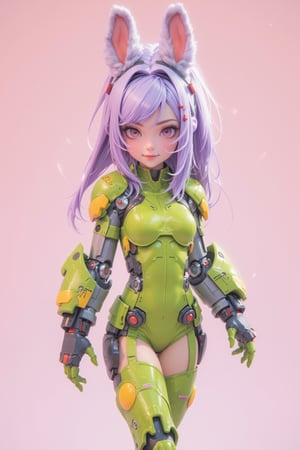 Cute anime girl,child's body shape,
 long lavender hair, bunny ears headband, mechanical costume parts, green and yellow color scheme, oversized paw gloves, thigh-high stockings, skimpy bodysuit,
futuristic bodysuit, red eyes, cheerful expression, dynamic pose, robotic limb attachments, detailed figurine style, high quality render, studio lighting, pastel background, kawaii aesthetic, cyberpunk elements, 8k resolution, hyper-detailed, official artwork,nineten,hand mecha2,sharpanime