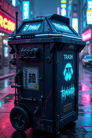 Cyberpunk weaponized garbage bin on a neon-lit city street. Sleek, matte black hexagonal body with glowing blue power lines. Top half transforms into a formidable rotating gun turret.

Multiple barrels emerge from the lid, ranging from minigun to plasma cannon. Holographic targeting system hovers above. Armored panels slide open to reveal missile launchers.

Lower half retains waste disposal functionality, with a high-tech compactor and matter converter. Robotic arms for trash collection retract into sides.

Wheels equipped with omni-directional hover technology. Small antenna array for AI-driven threat detection.

Graffiti-style "TRASH TERMINATOR" emblazoned on side. Scarred metal surfaces show battle damage. Faint smell of ozone and burnt refuse.

Hyper-detailed tech-noir style. Gritty textures contrast with clean futuristic elements. Dramatic lighting emphasizes menacing silhouette against neon-soaked background.,cyberpunk,trashv1