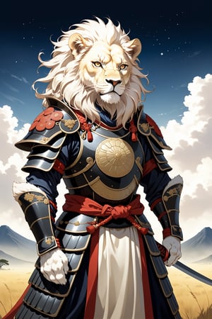  albino male lion, dressed in the attire of a samurai, its pristine white fur contrasting with the traditional samurai armor adorned with symbols of strength and honor. With a regal stance and piercing eyes reflecting wisdom and determination, the lion exudes nobility and power. Despite its imposing presence, there is a sense of grace and tranquility about this majestic creature. As it roams the plains, it commands respect and admiration, embodying the spirit of a noble warrior in the animal kingdom.,warrior