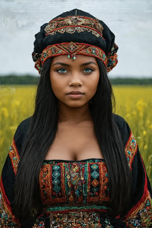 Super detailed, super realistic,beautiful african girl,Curvy body,
She wears old folk costume, long straight black hair,
colorful maria-veil on head,Yakuts folk costume of Siberian minority, beautiful crystal blue eyes, almond eyes, Slouching position, cleavage,intricate textile decorated with colorful and intricate geometric patterns,  decorative embroidery, clothes in earth colors such as black, red and green,beautiful reed meadow landscape,photo realistic,Portrait