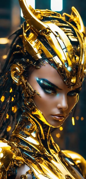  cyborg diva,1girl,
 entirely covered in gold chrome body, gleams with a metallic sheen,
glamorous body, reflecting light with every movement. She wears excessively flamboyant cyber fashion, including high-tech bodysuits adorned with neon lights, holographic patterns, and intricate circuitry designs. Her accessories are bold and extravagant, featuring oversized, glowing headgear and futuristic, gold-plated boots. This striking combination of golden chrome and over-the-top cyber fashion creates an awe-inspiring and mesmerizing presence,FuturEvoLab-lora-mecha