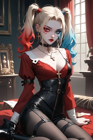 1Girl,Harley Quinn,Nordic girl,Gothic make-up, high ponytail, septum earrings,
 wearing a tight-fitting scarabrio reimagined as a kimono-style garment,The outfit features elaborate baroque patterns in gold and red on a black base,Ornate swirls, cherubs, and acanthus leaves adorn the fabric,The skirt is short and form-fitting. blonde pigtails,makeup is dramatic,pale skin, red lips, in a luxurious baroque-style room with gilded mirrors and velvet, curtains,score_9,score_8_up,score_7_up,lace,hair ornament,see-through,cleavage,ruanyi0623,choker,nun,dress,nunl0l,black gloves,jewelry,corset,LAassunity,pantyhose,garter strap,black footwear,zipper,ruanyi0575,bdsm,inverted cross,goth girl