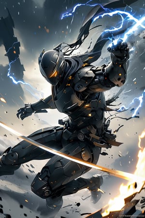 Robot ninja, military grade cyborg suit, jet-black streamlined body, extremely elaborate, precise flat, glowing katana, swiftly wielded sword slicing through enemies at lightning speed, sharp blade glinting in the sunlight at the moment, ,kabuki,glowing sword,cyborg,Ninja,ink,action shot,Hollow